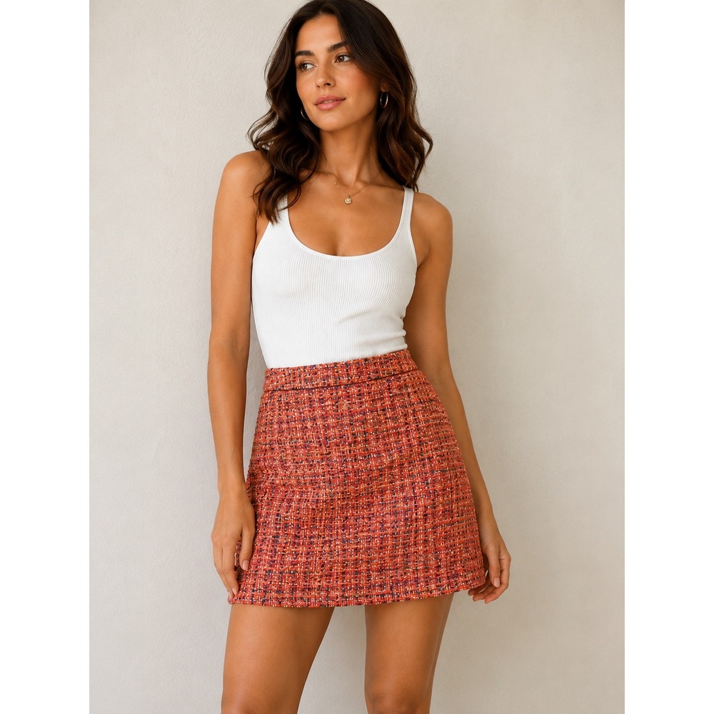 Filtre‎ Tweed Pencil Mini Skirt Textured Orange Multicolor Size 8 Mod Y2K Preppy